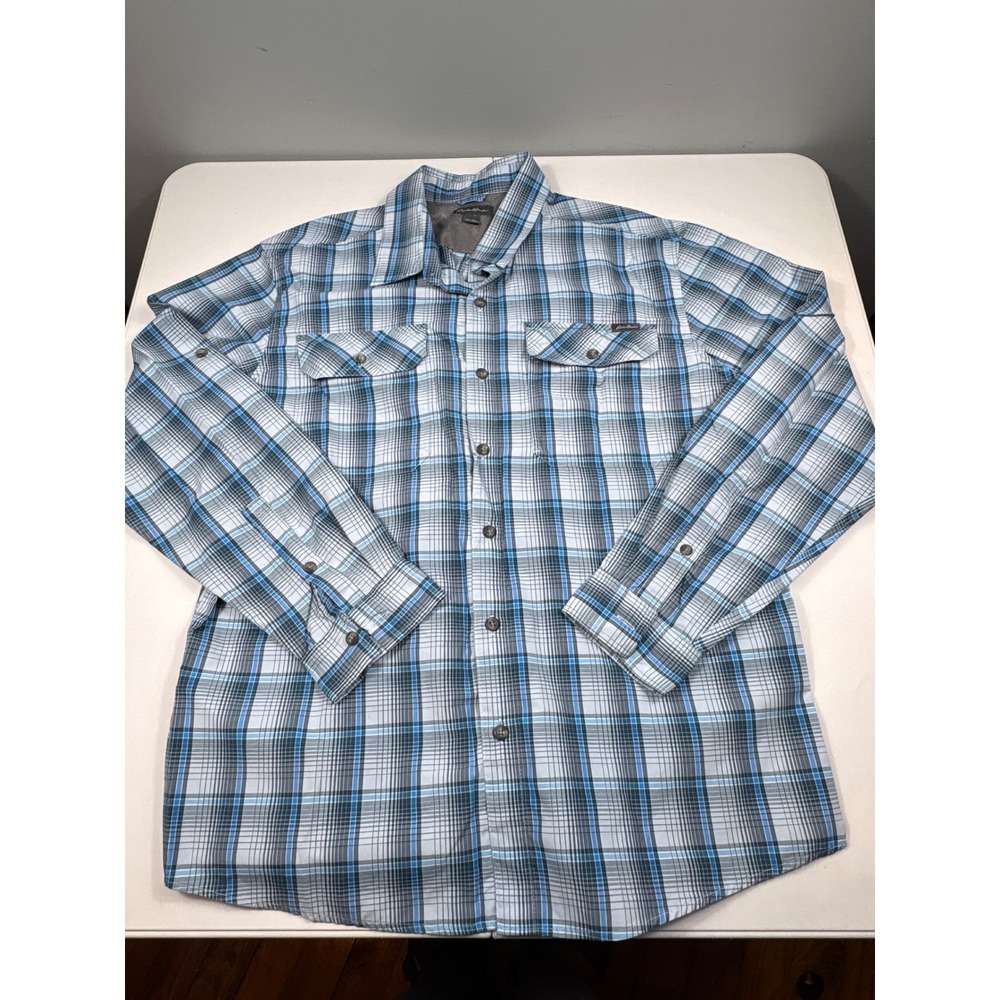 Eddie Bauer Men's XL Blue Plaid Hiking‎ Shirt Vented Back Roll Tab